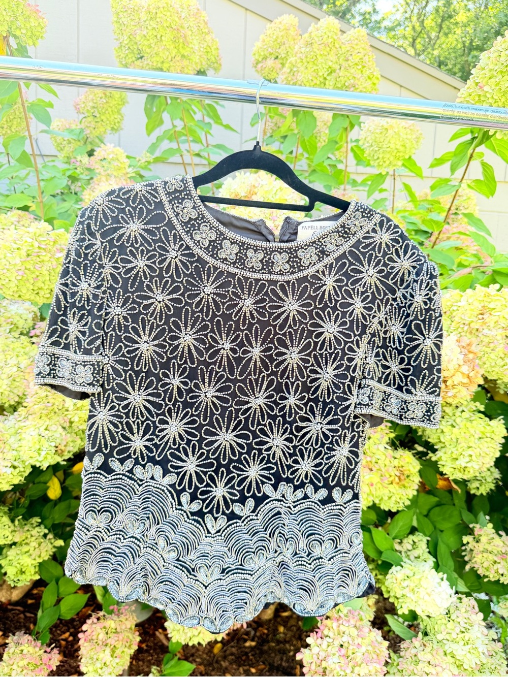 Papell Boutique Black Short-Sleeve Beaded Floral Top